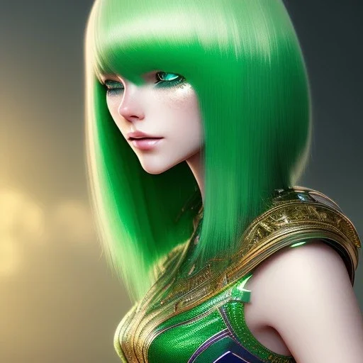 Cyborg warrior, light green hair, pixie hairstyle, cobalt eyes, waist up portrait, 8k resolution, intricate details, ornate details, soft lighting, vibrant colors, retroanime, masterpiece, intricate eyeliner, dark eyeshadow, eyes, intricate tattoos, futuristic cityscape background