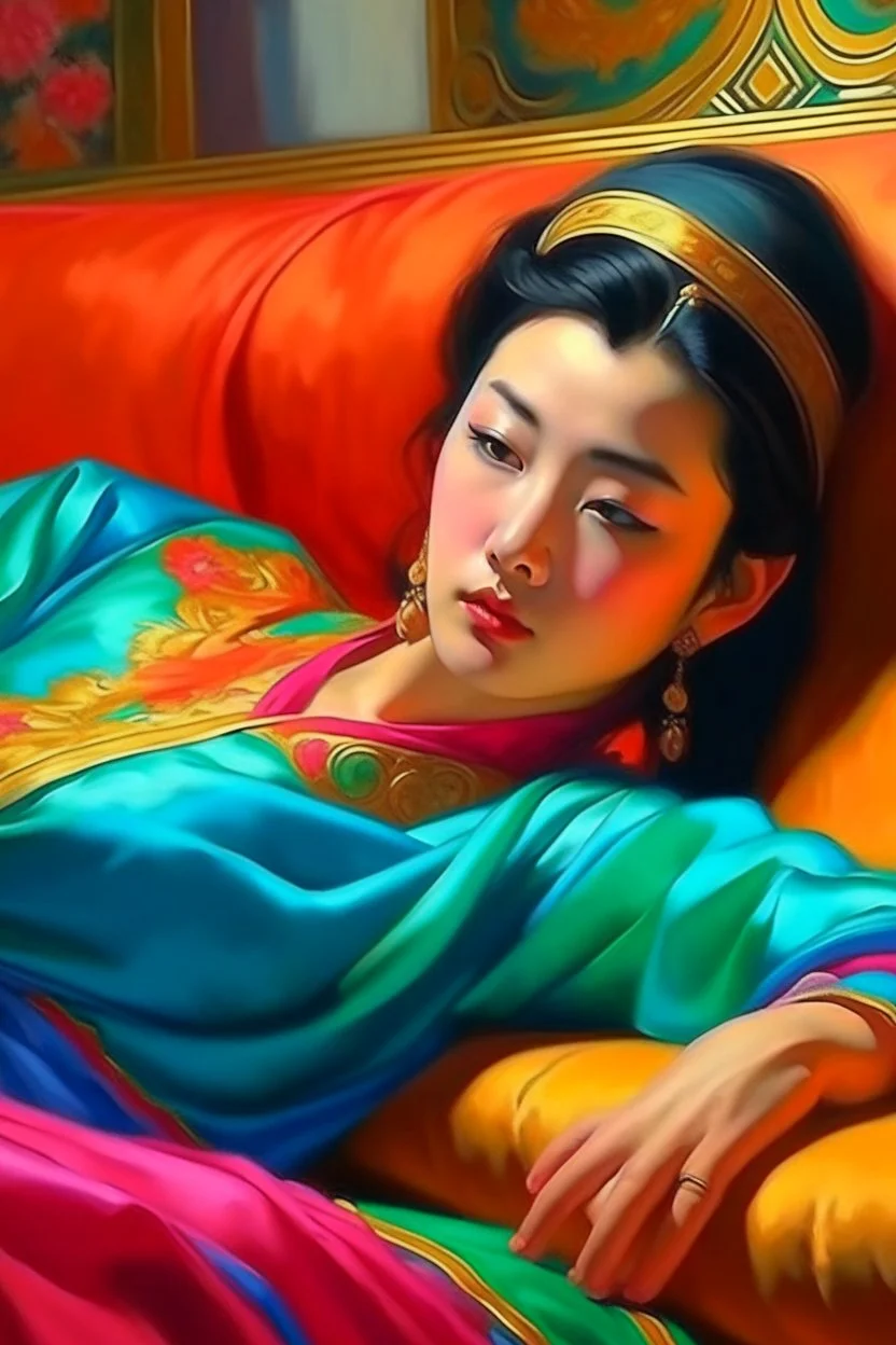 oriental woman lying on a pillow painting neoclassism bright colors zoom out realistic