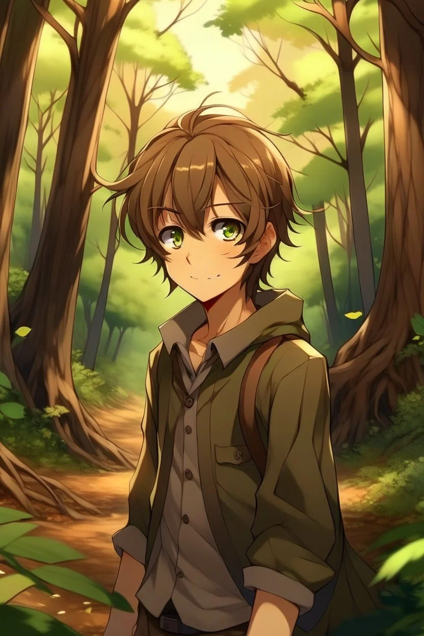 Brown haired anime boy in the woods