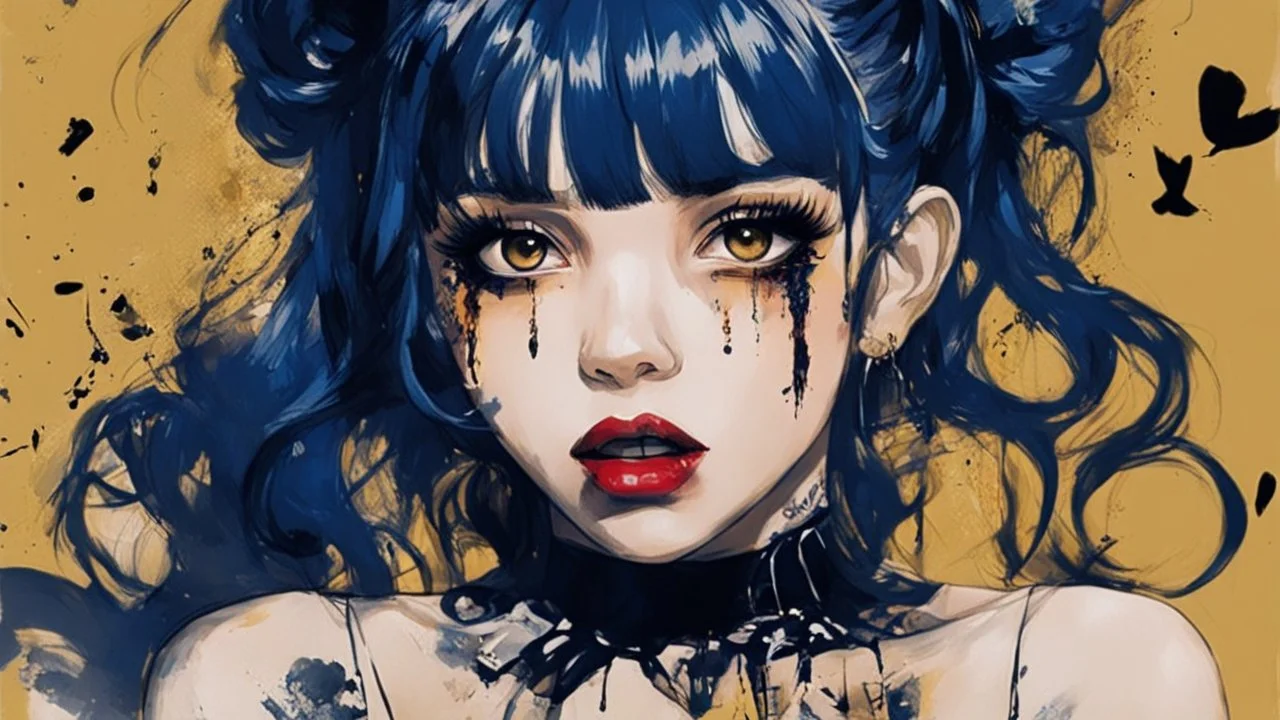 Poster in two gradually, a one side malevolent goth vampire girl face and other side the Singer Melanie Martinez face, painting by Yoji Shinkawa, darkblue and gold tones,