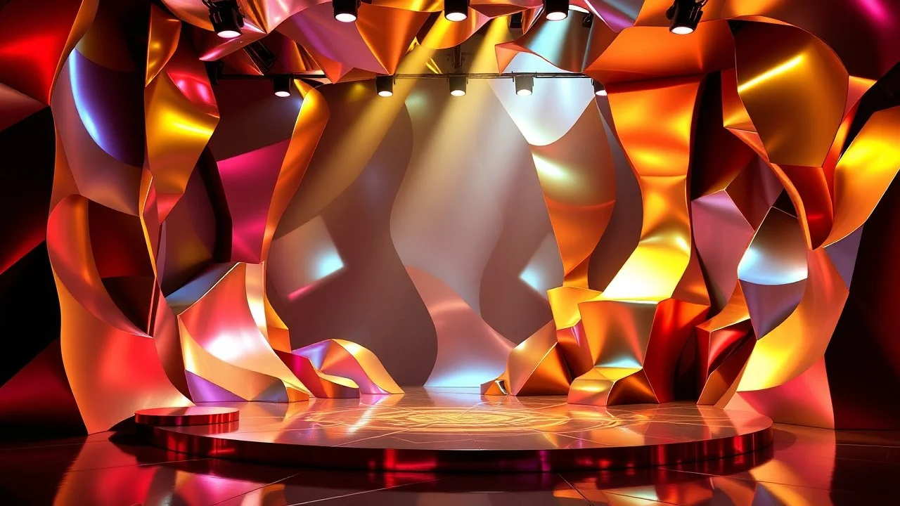a 3d fractal stage structre made of metallic color 3d structures, pertty artistc background,dynamic lights