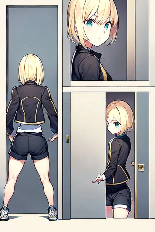 blonde girl with short jacket and shorts runs in a corridor, back view, line arts, manga style