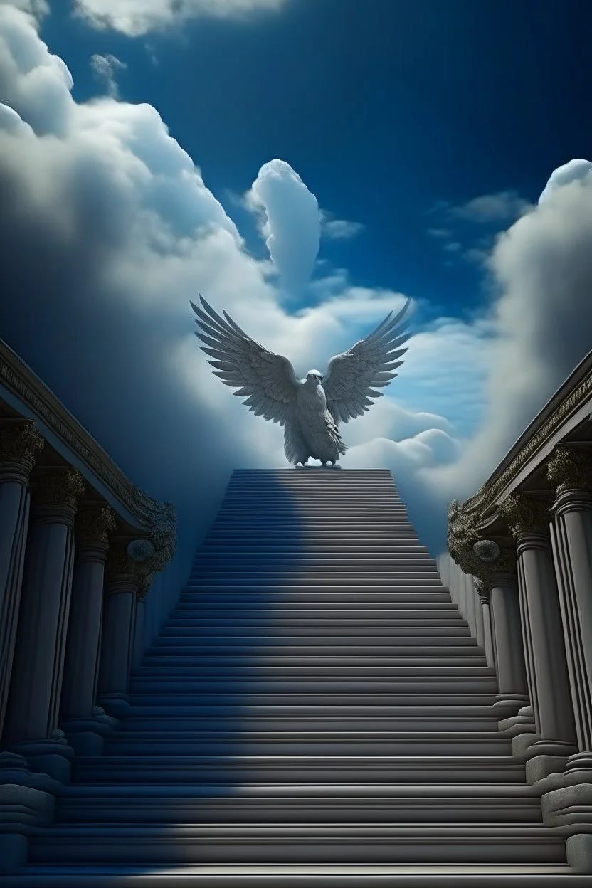 fluffy clouds, portrait of winged seal soaring like an angel through the clouds with a blessed smile, staircase with closed gates of heaven, 4 k, down light, depth of field, trending art, high detail