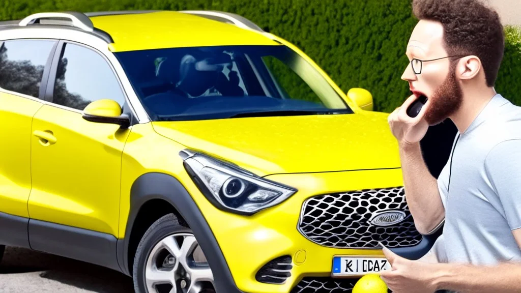 guy arguing on phone next to his kia sportage made from lemons