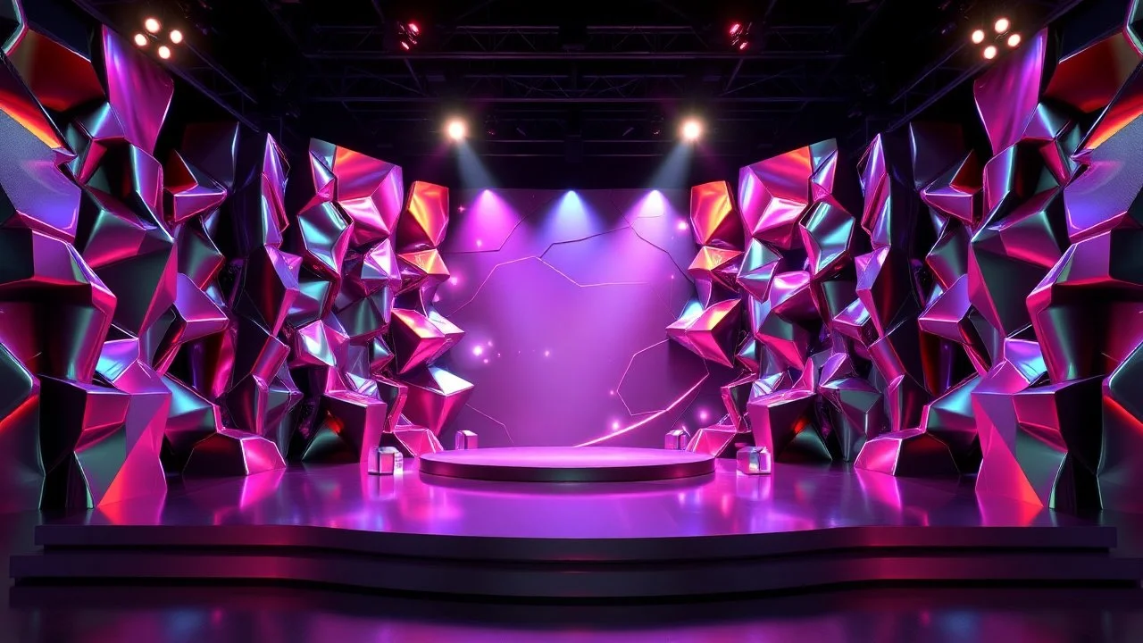 a 3d fractal stage structre made of metallic color 3d structures, pertty artistc background,dynamic lights