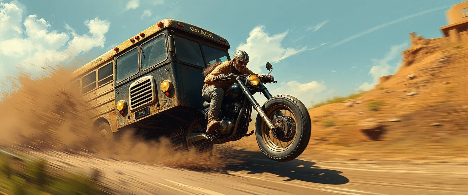mega blasting fast, so freaking fast, faster than a greased muscle shiny cowboy disco funk fusion fluffy man gremlin monkey pig on a runaway mud black veteran buss truck jumping over the cliff . speed and energy, painted by Rembrandt and fallout 4, straight down a muddy slide, beside an orc motorcyclist