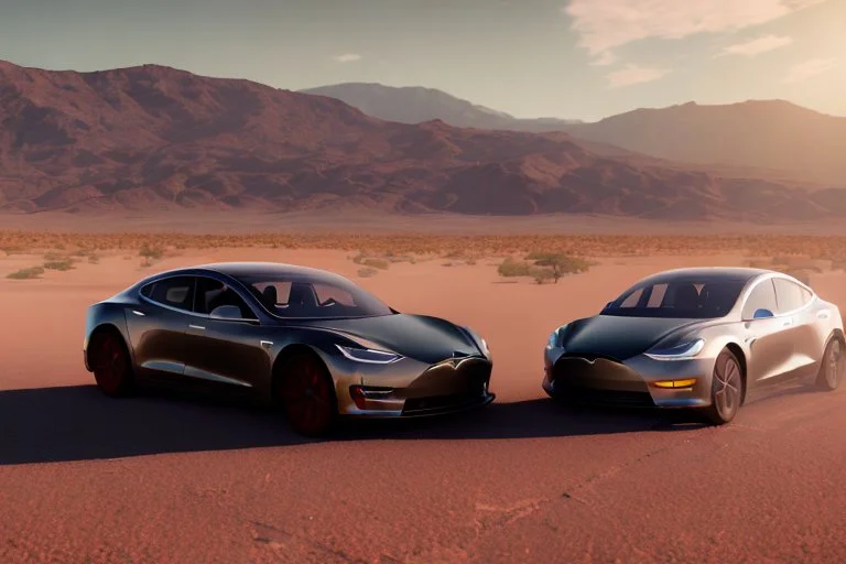 A Tesla 'Model Y' is racing at top speed, in the Mojave Desert. (CINEMATIC, WIDE ANGLE LENS, PHOTO REAL)