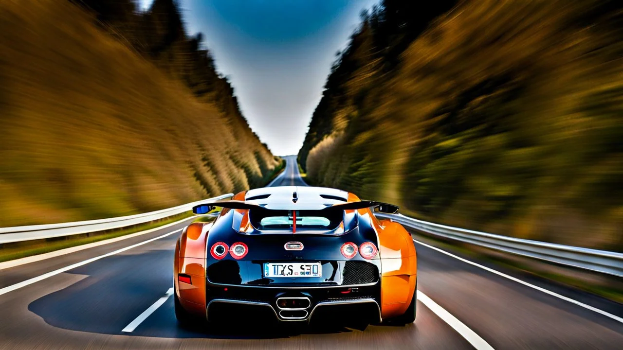 A sleek (((bugatti hyper super veyron 16.4))),, cutting through a (((clear bright blue morning sky))) rear view