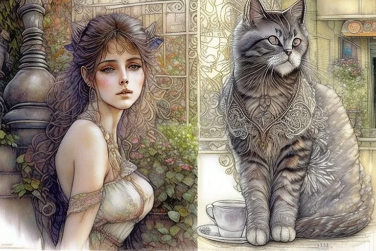 A pencil and charcoal line sketch, cute fluffy cat in coffeehouse in sunshine, intricate details and bold lines. beautiful Jean-Baptiste Monge Art Nouveau Steve Hanks Josephine Wall Thomas Wells Schaller Big water colour painting Ella du Cane Beautiful detailed eyes pastel patchwork line art Watercolor, pen and ink Maurice Miller and Faiza Maghni