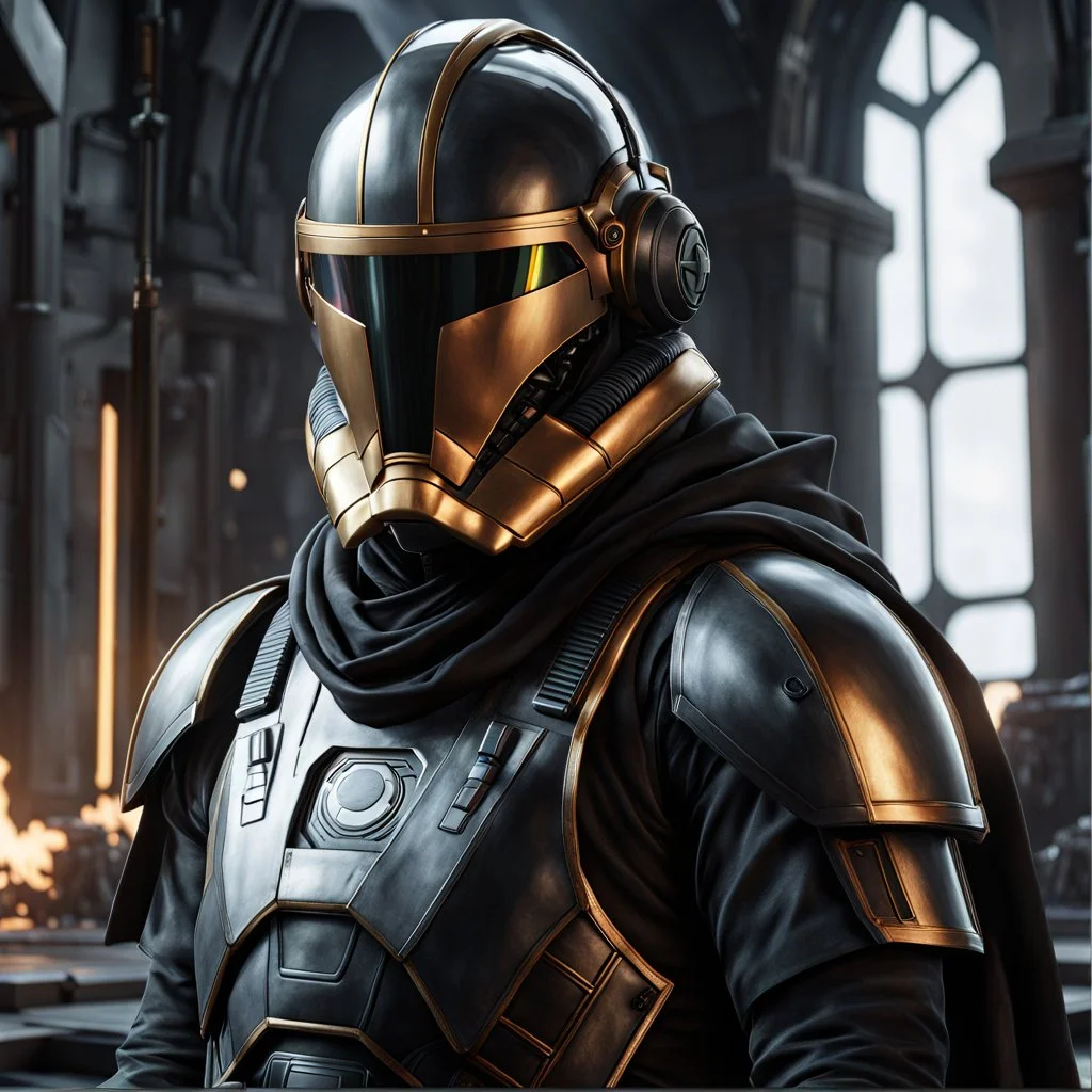 star wars bald male corellian pilot wearing pearlescent black and gunmetal grey First Order special forces heavy assault stealth commando armor and helmet with gold trim inside the jedi temple, hyperdetailed, dynamic lighting, hyperdetailed background, 8k resolution, volumetric lighting, light skin, fully symmetric details