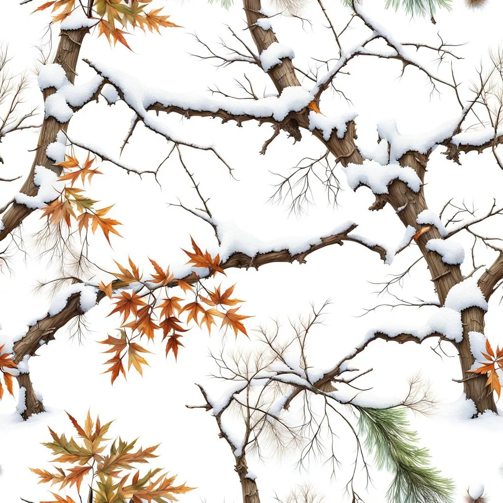 detailed Real Tree Camouflage made of sticks, twigs, tree bark, dried maple leaves, green pine branches, snow and dirt, white background, seamless repeatable texture pattern imitating a natural forest background, add details