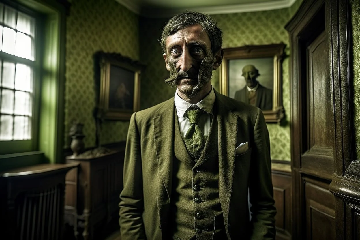 ww1 sick archeologist with suit talking close-up standing up looking to the camera, inside mansion room background, cthulhu face