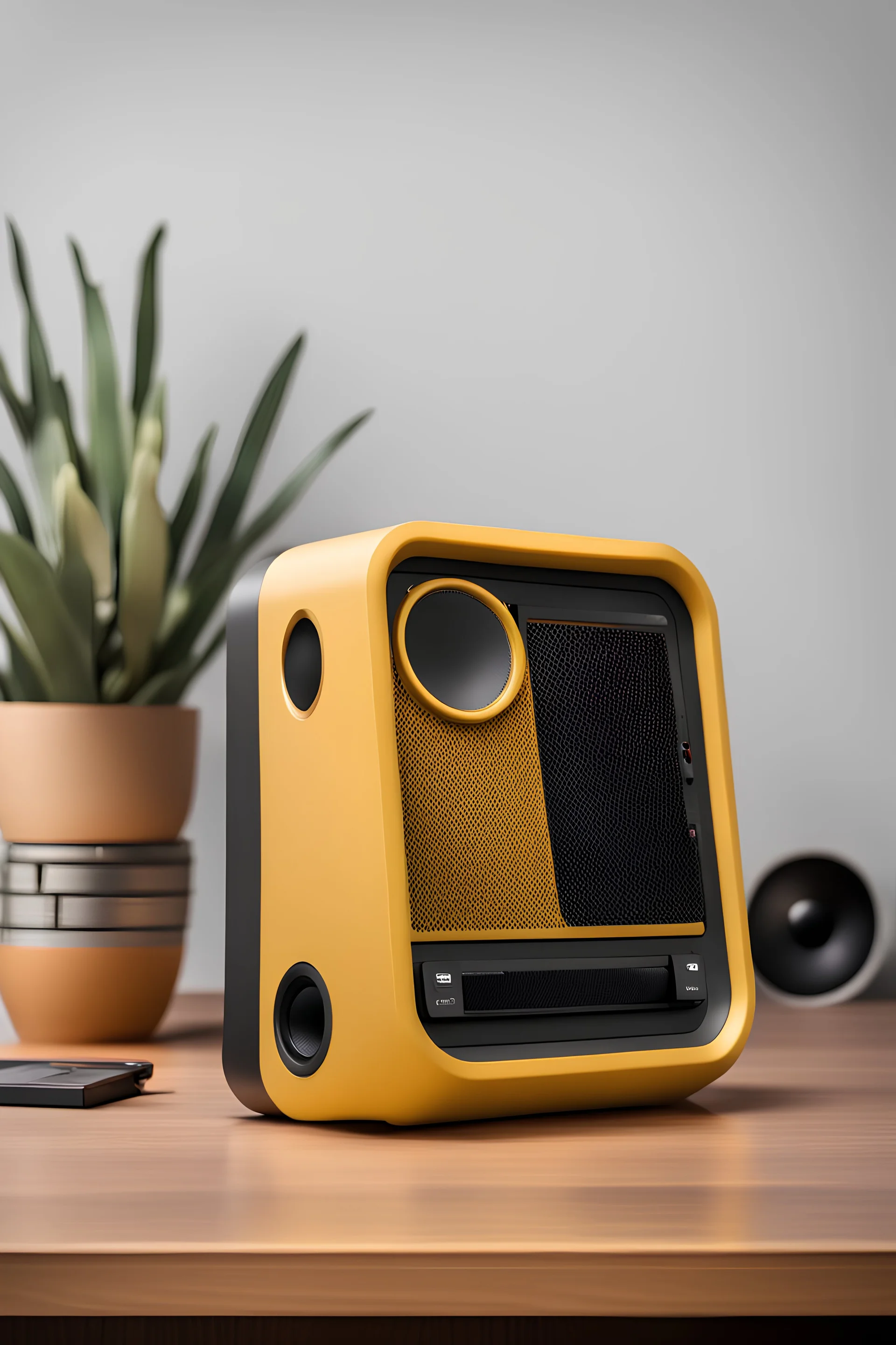 hand held CUSTOMIZABLE SPEAKER with a display screen and it is made of a industrial yellow plastic designed by Mexicans on a desk