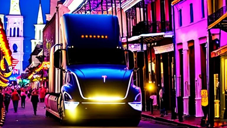 A Tesla semi-truck is racing at top speed, on the Bourbon Street, in New Orleans. CINEMATIC. WIDE ANGLE LENS.