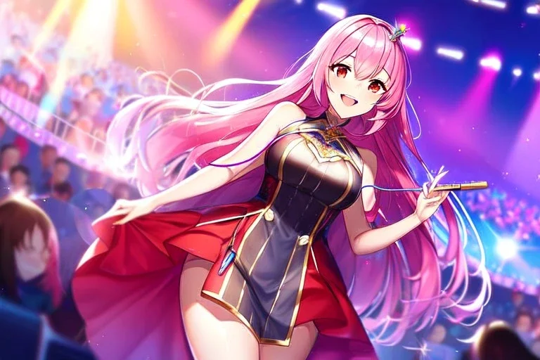 girl, masterpiece, best quality, volumetric lighting, detailed outfit, perfect eyes, long hair, pink hair, red eyes, music stage, micro phone, lens flare abuse, laughing,