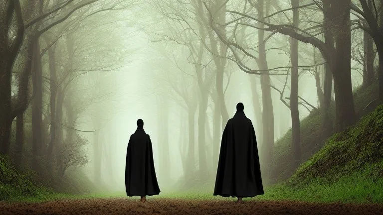 black robed and hooded monks walk through the forest