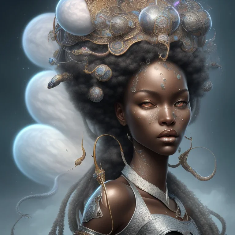 sango fantasy, fantasy magic, intricate, sharp focus, illustration, highly detailed, digital painting, concept art, matte, masterpiece head sexy view black African beauty black afro hair space lady silver snakeskin African princess rain cloud