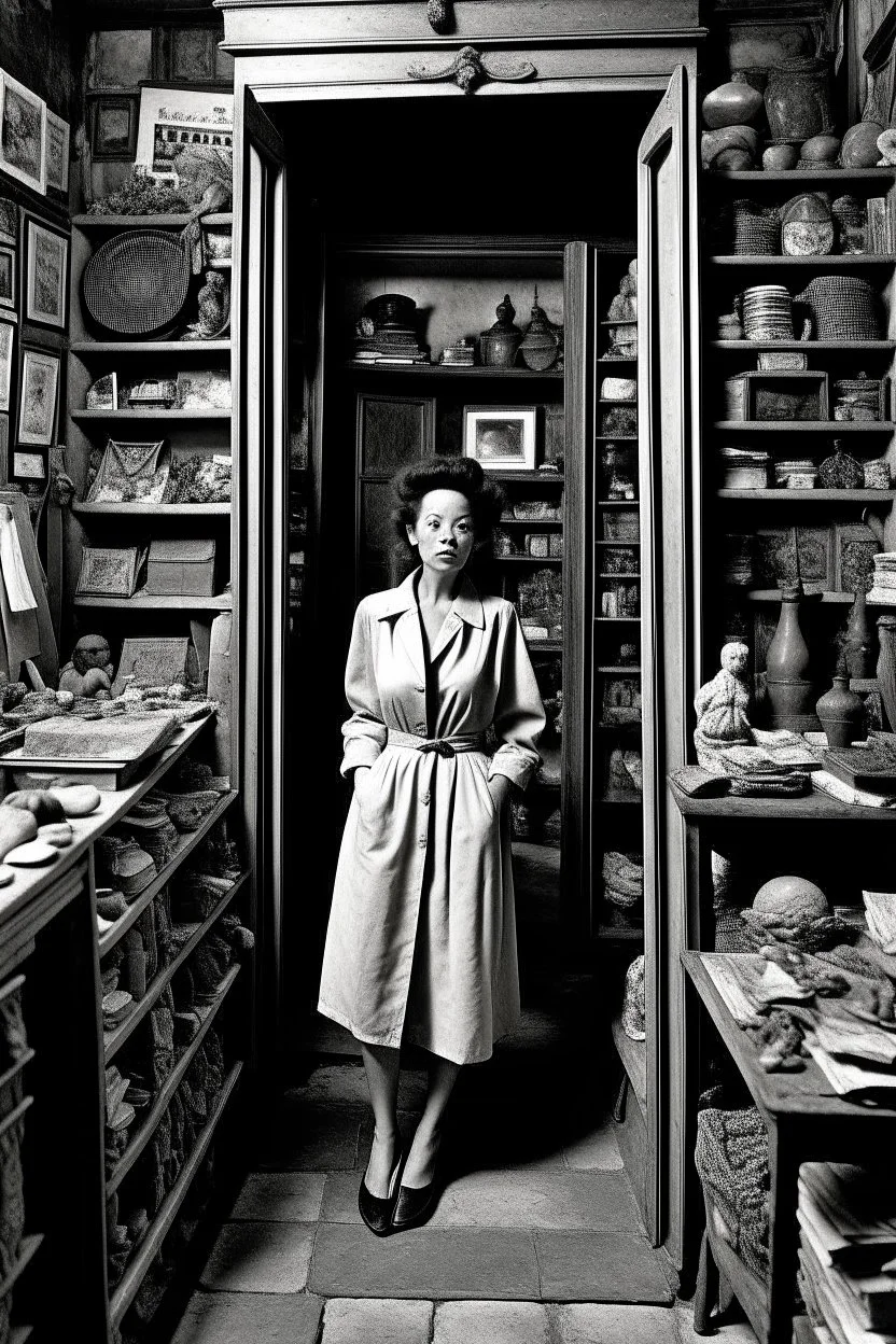 she stands within the confines of a closet, surrounded by a cabinet of curiosities. These evocative creations capture a melancholic mood, photorealist, revealing the inner struggle of a soul torn between her desire for freedom and the weight of her own uniqueness. Shoot by a leica camera by Cartier-Bresson