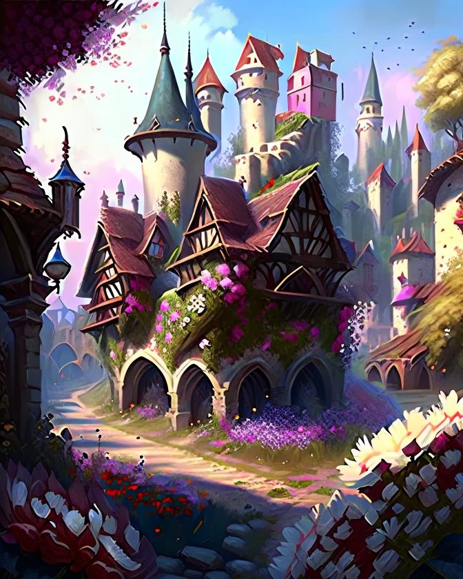 medieval fantasy castle town with flowers rpg art