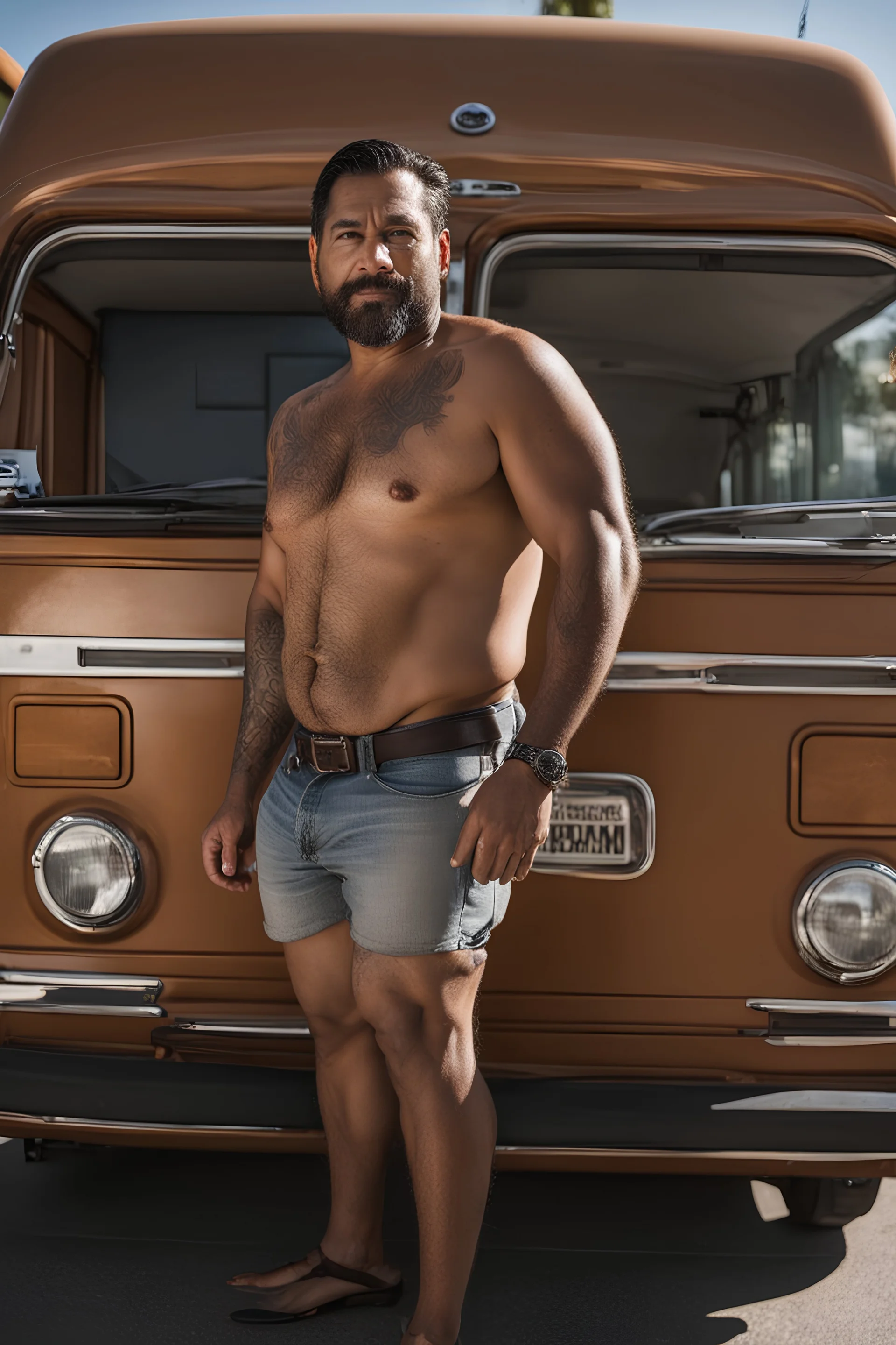 half figure photography of a 44 year old stocky burly latino , shirtless, bulging shorts, leaning with his back to his van, hands on the fap, big shoulders, hairy chest, tattoo, very virile, short beard, short hair, side light, in a sunny street, photorealistic