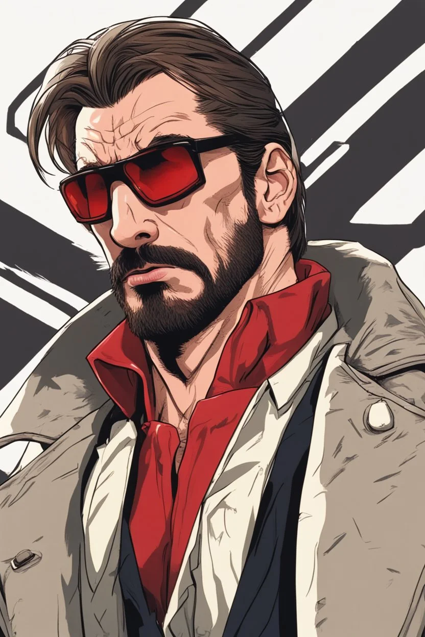 a young man with big muscles who looks like hans gruber wearing a heavy coat and red sunglasses staring with an irritated look on his face