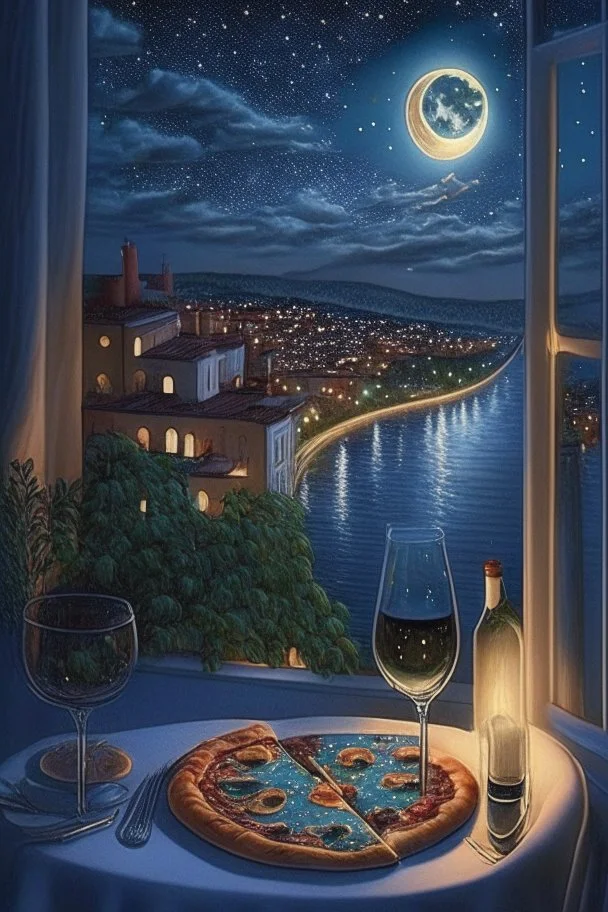 It's a starry night, with a luminous crescent moon, and from the balcony of an elegant luxury apartment, a view of a city with a hill and a river, lights in the windows of the houses. On the balcony, a dining table with a tray with a bird pattern, pizza and wine in starlight