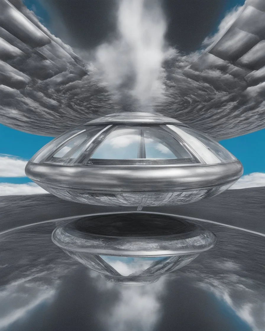 Design a futuristic, silver UFO hovering in a clear blue daytime, photorealism, surrealism, black and white photography, analog film, highly detailed