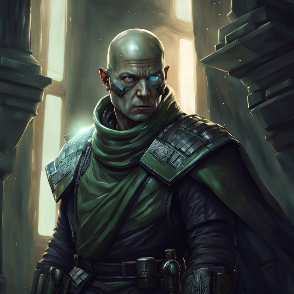 star wars bald male corellian pilot wearing pearlescent black and gunmetal grey First Order special forces heavy assault armor and helmet with gold trim inside the jedi temple, centered portrait, hyperdetailed, dynamic lighting, hyperdetailed background, 8k resolution, volumetric lighting, light skin, fully symmetric details