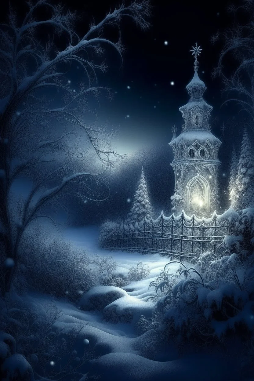 fairy tale, magical winter night, snow, filigree, beautiful, aesthetically pleasing