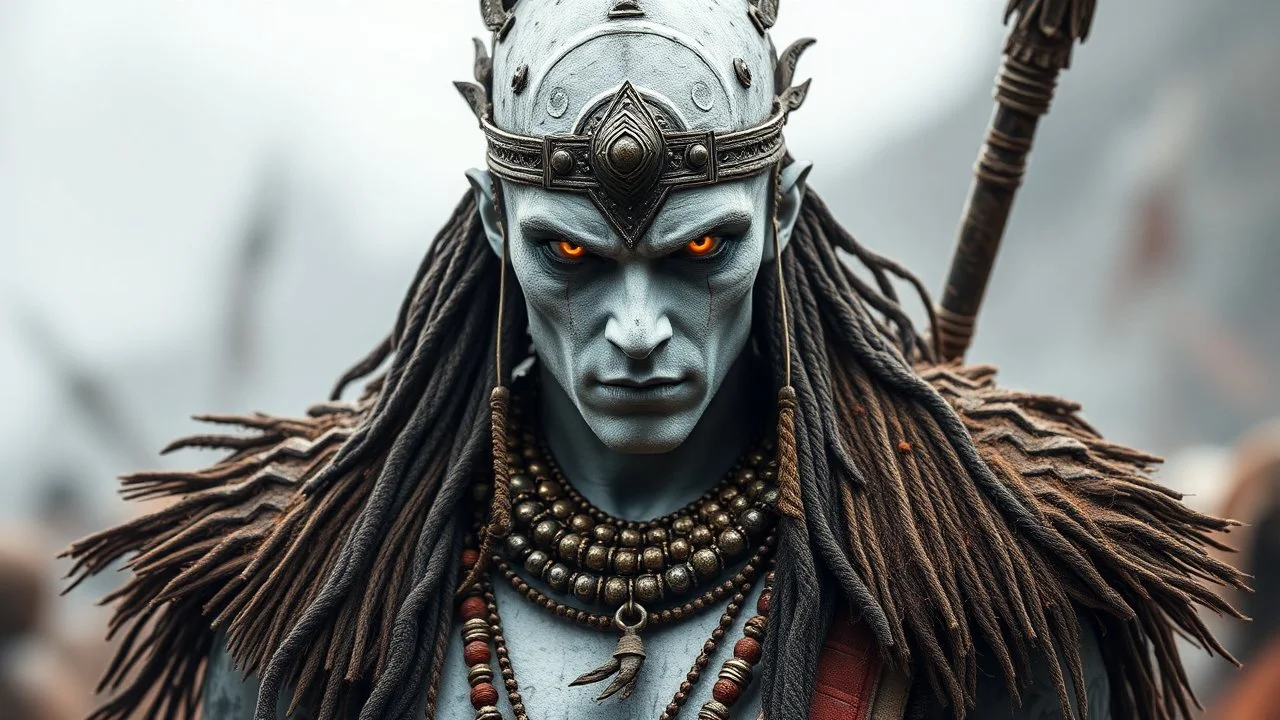 Tribal warrior; White skinned; metal orbs for eyes.