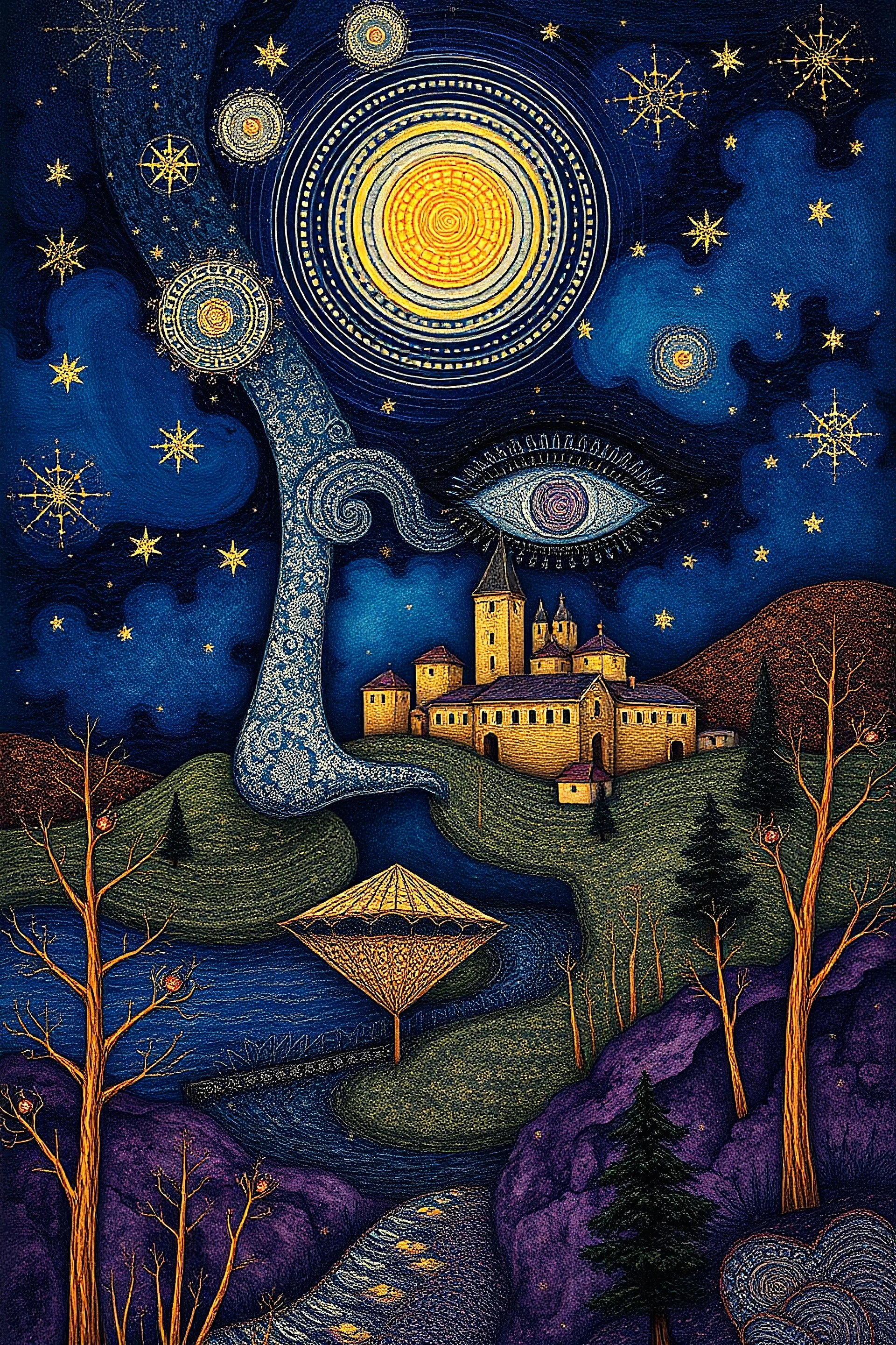 Surrealism and dadaism of a surreal face,montage,village,absurd lace, stars, trees,fauvism mondrial by Ross Draws,Andy Kehoe, Hokusai, deep blue, deep purple, gold foil, copper foil Zentangle, math art, dot art, circle art, spiral art, concrete art, by Norman Rockwell, by ivv, Anton Fadeev, Krenz Cushart, geometrical pattern and bitmap