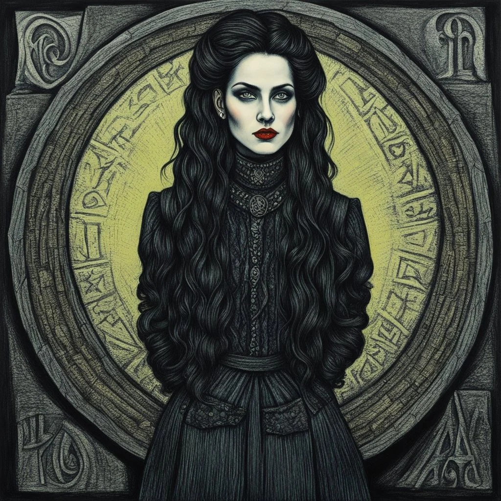 create a 3/4 profile full body oil pastel of a dark haired, , raggedly dressed, savage gothpunk vampire girl with highly detailed , sharply defined hair and facial features , in a dark circle of rune inscribed standing stones , in the style of JEAN-FRANCOIS MILLET and MARY CASSATT