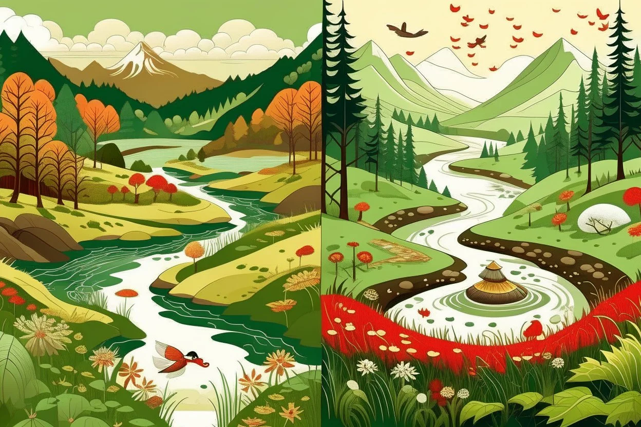 The image is divided vertically by a river, in which clocks flow instead of water. In the background are snow-covered mountains, on the left bank of the river an autumn forest with deciduous trees, and at the base of one of them a red mushroom with white spots. On the right bank of the river, a spring green meadow with wild flowers, butterflies fluttering, bunnies scurrying in sunshine. Watercolor on wet paper, soft strokes, shading pastel colors, reflection, mist, fog.