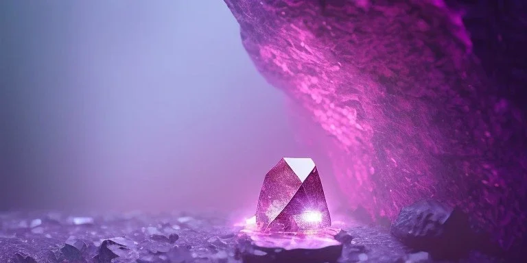 single pink crystal, on an altar in a foggy cave, cinematic,