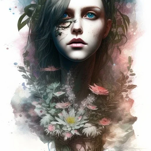 singer Danish MØ face,Style Yoji Shinkawa, watercolor illustration , Dryad, plants, wildflower,