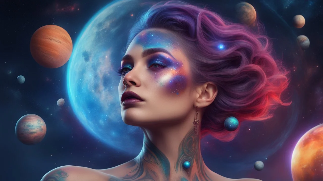 Sky Witch: A fair-skinned woman who wears a tattoo of a space scene with planets and stars in bright colors. Her makeup is space-themed with shimmering eyeshadow and bold lipstick highlighting her otherworldly allure. detailed matte painting, deep colors, fantasy, intricate details, splash screen, complementary colors, fantasy concept art, 8k resolution trending on Artstation Unreal Engine 5