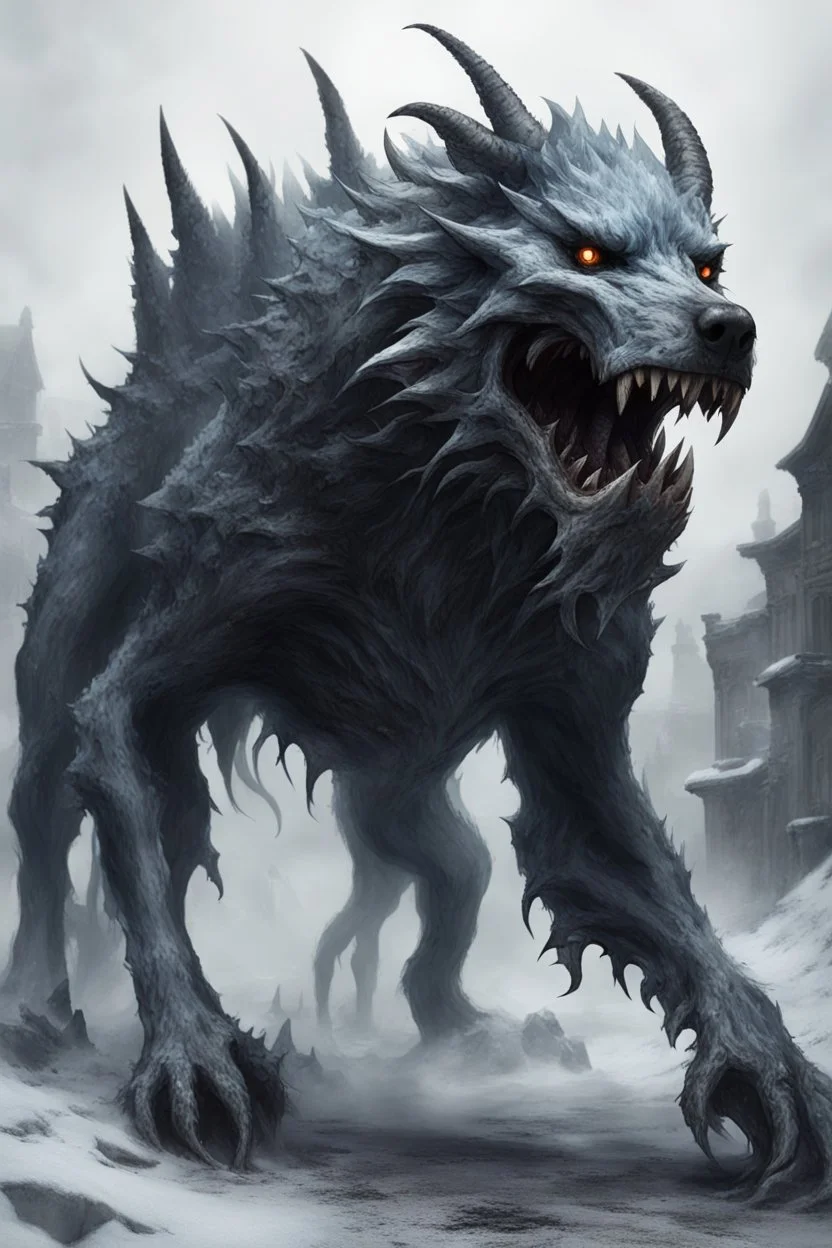 frost hellhound out of the abyss monstrous with five heads in ruins of medival town