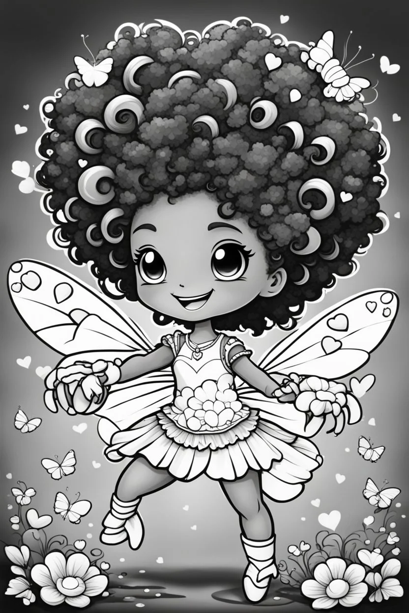 create a coloring page of a chibi crab with a curly afro ponytails dancing around hearts and butterflies. she smiles while shes playing , black and white