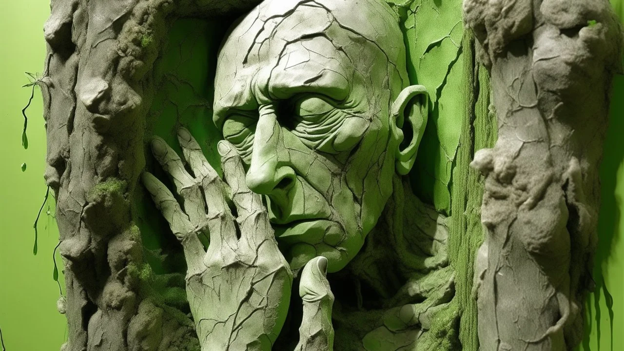 A surreal sculpture depicting a pale, cracked face and hands emerging from a torn, textured green wall. The wall is rendered with a rough, almost organic surface, with vibrant green hues that transition into darker, mossy tones. Fine cracks spiderweb across the surface, revealing the lighter, stone-like material underneath. The face is partially obscured, with closed eyes and a serene expression. The hands are delicately formed, with one hand pressing against the green surface as if trying to br