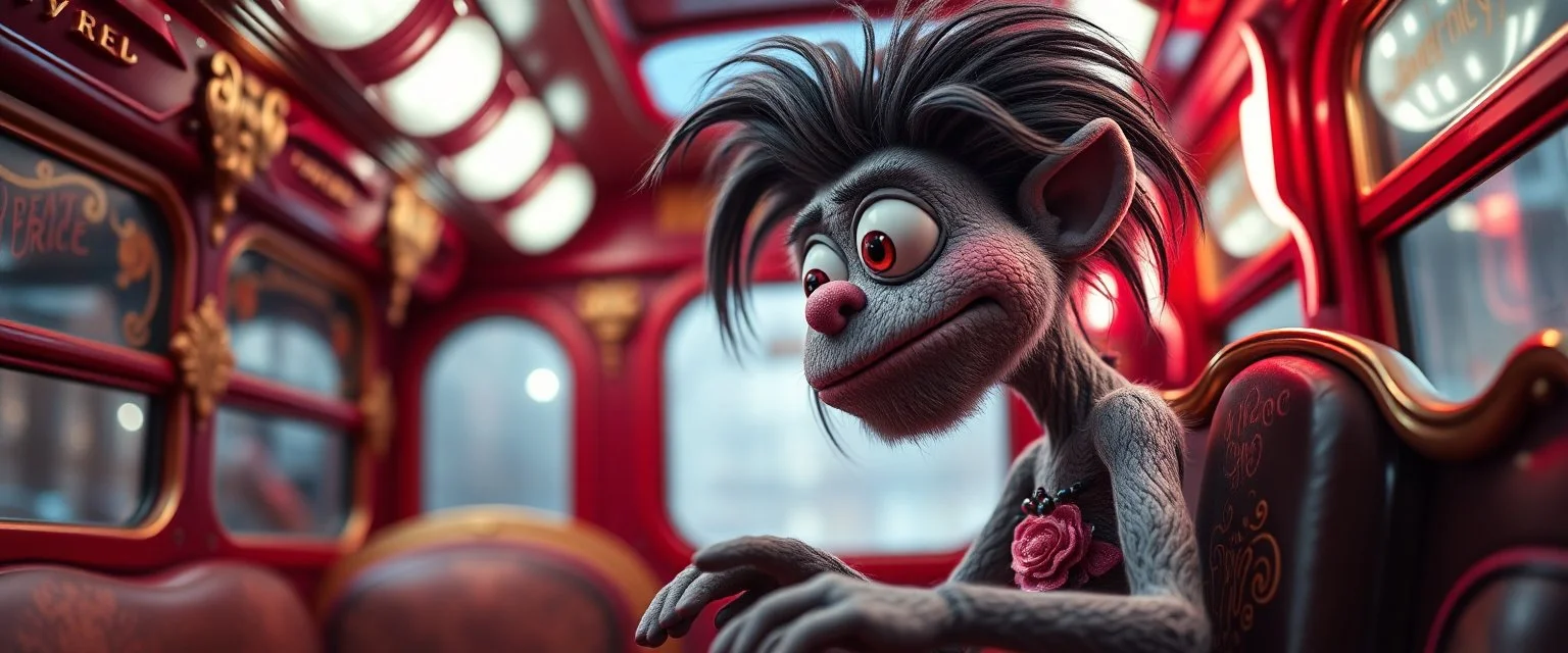 fascist dynasty soap opera, close up portrait of hairy fluffy polymer clay cute female happy worried monster with realistic human colored and textured skin, and long sleek limbs and with studio lights, on a luxury ornate neon buss, talking to his aunt