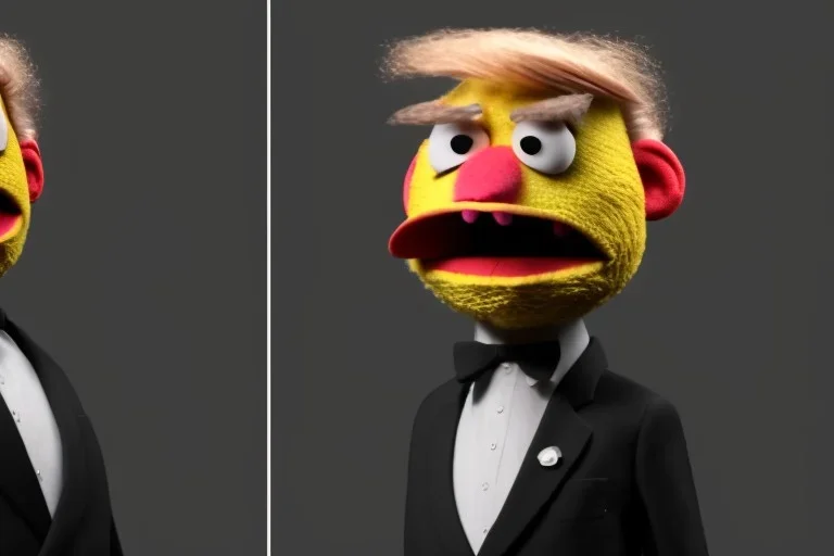 Angry muppet trump, in suit, eyebrows, spray tan mad