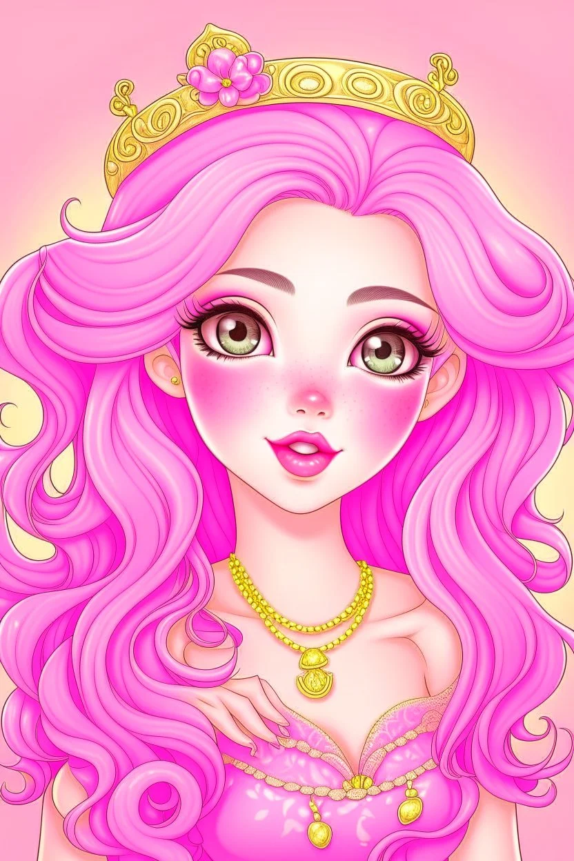 A very beautiful princess with an attractive face, she puts on a nice blush, with light pink wavy hair, and she puts a cute hair tie and puts on beautiful accessories