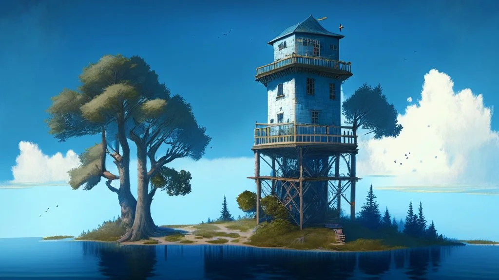 two-story tower with an observation room at the top, with a one-story room on one side, on a large island, in a large lake, surrounded by trees, with a blue sky