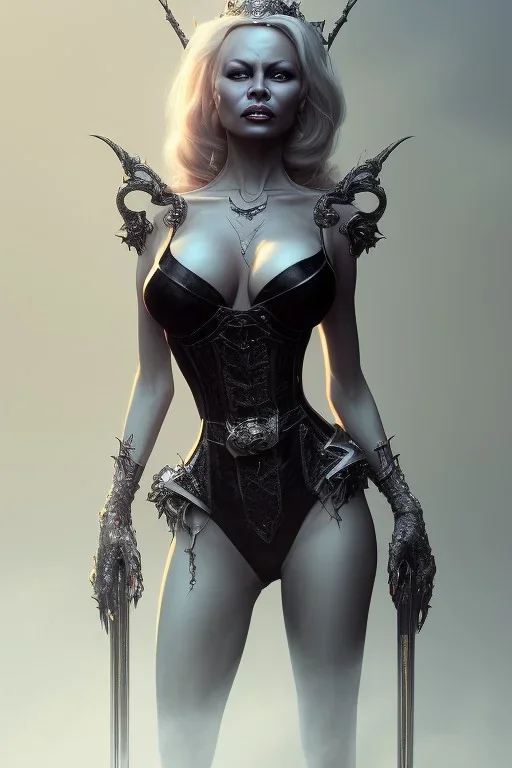 Pamela Anderson as evil queen in black leather, leather, busty, cleavage, angry, stern look. character design by cory loftis, fenghua zhong, ryohei hase, ismail inceoglu and ruan jia. unreal engine 5, artistic lighting, highly detailed, photorealistic, fantasy