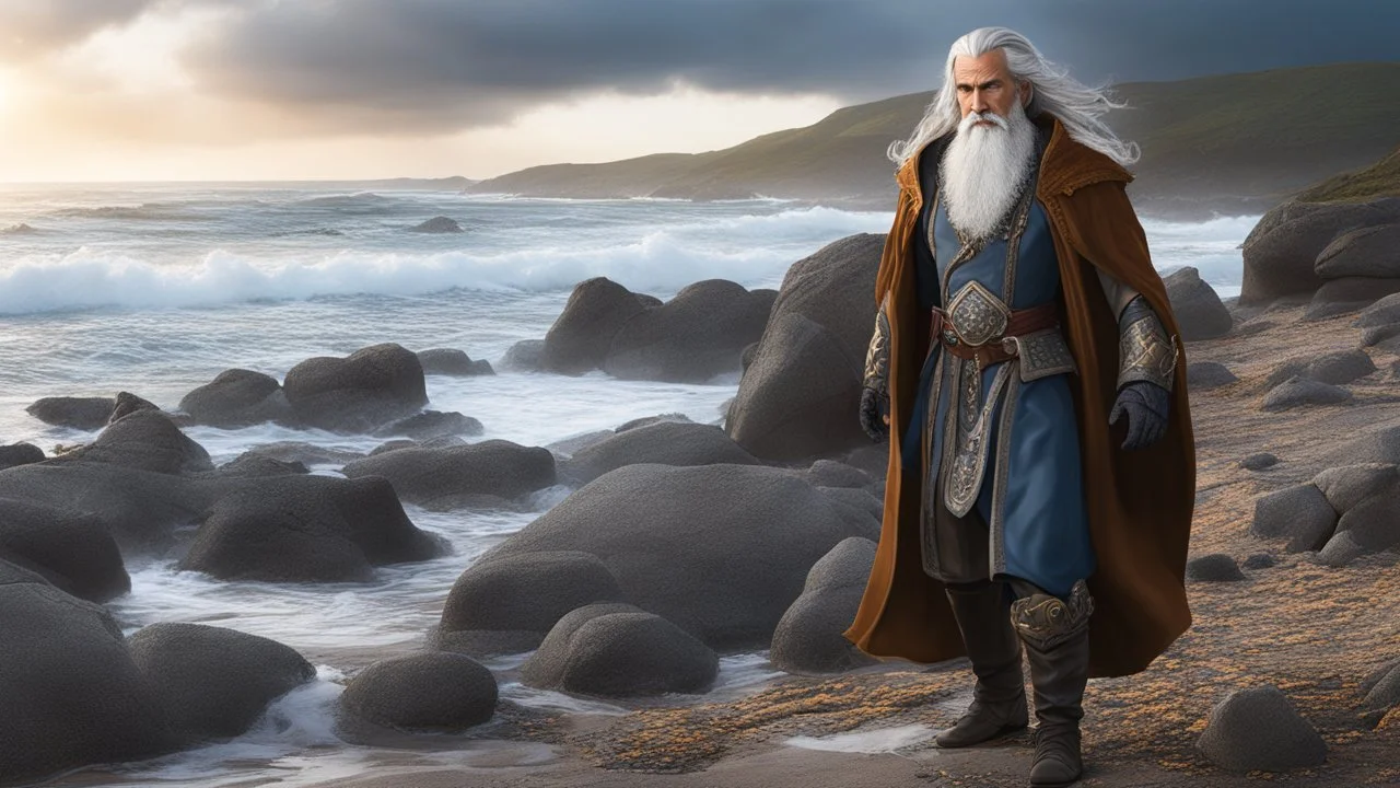 The stately and wise sorcerer named Pealda Stormbringer is walking on a rocky beach looking at a stormy ocean. He is dressed as a lord. He has grey hair and a white beard. beautiful light brown leather gloves. no jewelry. everything is intricately sculpted, exquisite realism, fantasy art, identical eyes, perfect face, Hyperrealistic, splash art, concept art, mid shot, intricately detailed, color depth, dramatic, 2/3 face angle, side light, colorful background