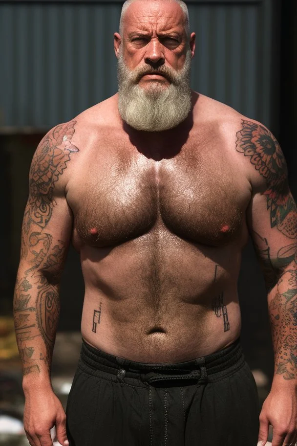 full figure shot frontal photography of a 58 year old dirty burly beefy gipsy carpenter wet sweat , tattoo, bullneck, long curly white beard , dreadlocks, manly chest, short white boxer, bulge, under the sun, sitting in the garbage outside an abandoned warehouse, misery and poverty, open legs, photorealistic, look at camera, very detailed , view from the ground , ambient occlusion