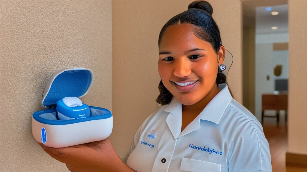 hispanic housekeeping holding airpod case