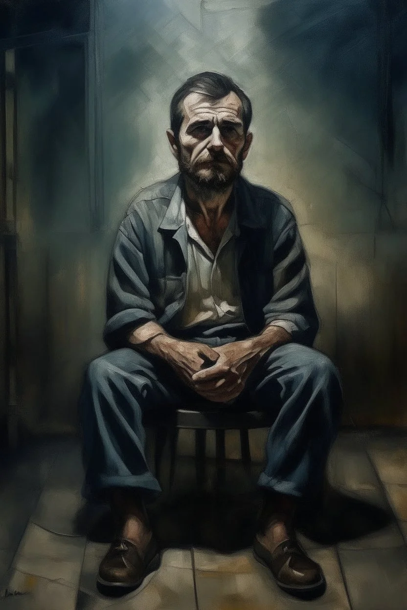A man they but a fabric on his eye so he can not see and looks miserable with bruises on his face like he has been beating sitting on a broken chair in a prison with dem light and dark prison environments , Busch painting style , sureal