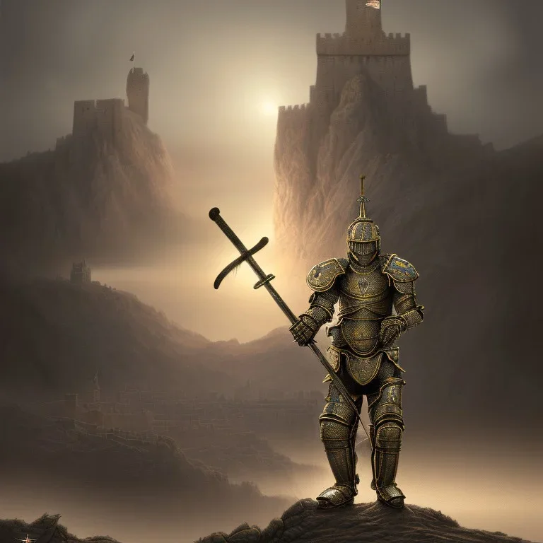 a Midieval knight in metallic gold battle armor, attacking and holding a hockey stick, a highly detailed illustration, background of Inka castle, realistic render, in style of tomasz alen kopera,