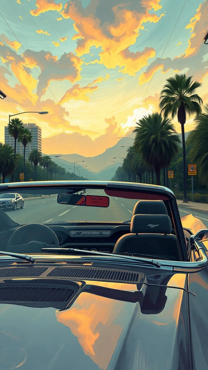 Bosch painting style nightmare in 3D , a man driving a Mustang Gt Convertible on LA free way background, high Quality picture , 8k